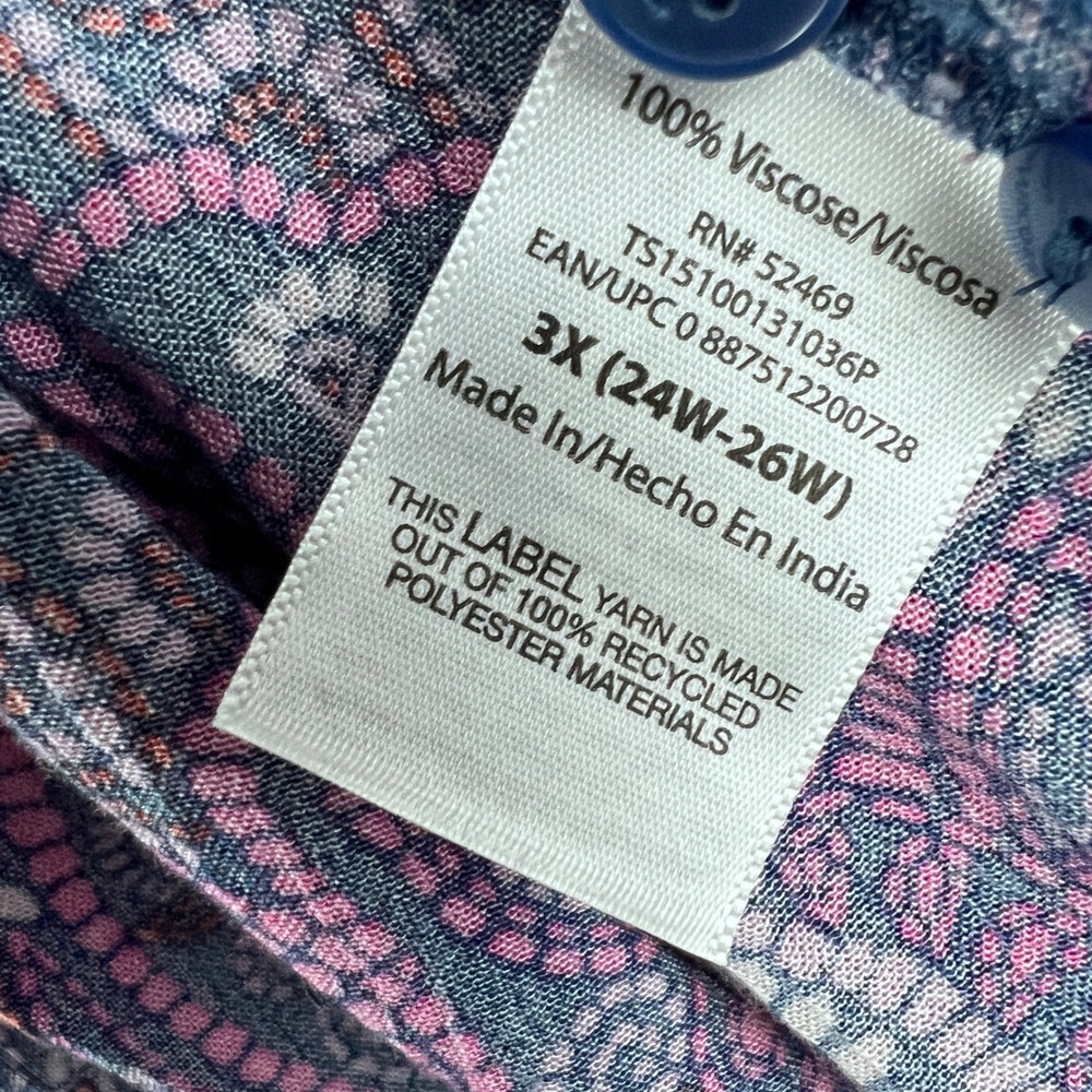 Terra & Sky Blouse Plus Size 3X Purple Paisley Hidden Button V-Neck Long Sleeve - Picture 8 of 10